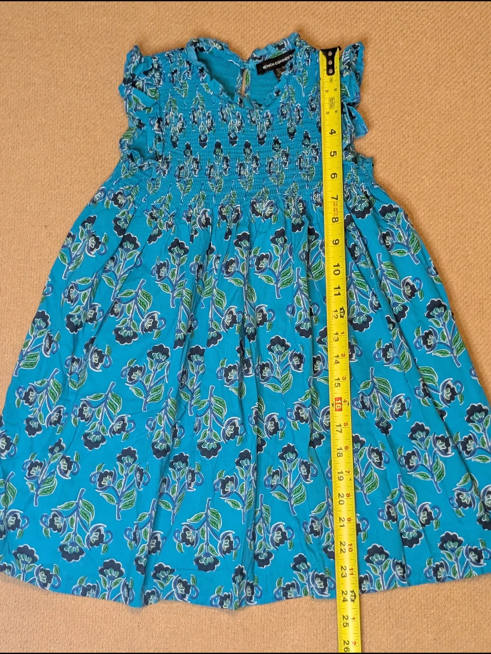 French Connection Girls Teal Blue Floral Patterned Cotton Smocked Dress
